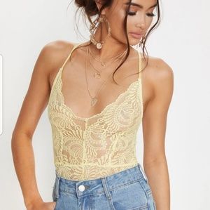 Prettylittlething Lemon Yellow Lace Cross Bodysuit